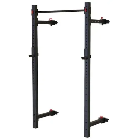 Ruimtebesparend opvouwbaar wall rack van Toorx met chin-up bar en J-hook. Ideaal voor een garage workout.