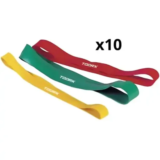 Toorx Weerstandsbanden van stevig latex, 30 cm lang. Verkrijgbaar in geel, groen en rood, per 10 stuks. Perfect voor fitnessoefeningen.