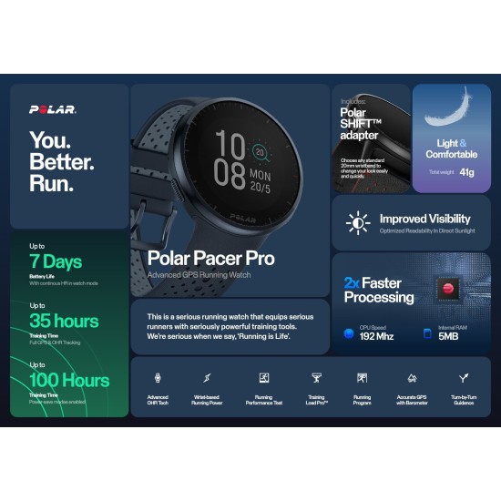 Polar Pacer Pro GPS Hardloophorloge met Hartslagmeting Ontdek de Polar Pacer Pro - een ultralicht hardloophorloge met GPS, barometer, VO2max en lange batterijduur, perfect voor serieuze hardlopers.
