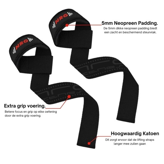 NRG Fitness Deadlift Straps - Zwart - Extra Grip Verlies nooit meer je grip tijdens zware lifts met de NRG Fitness Lifting Straps. Comfortabel, duurzaam en ontworpen voor optimale prestaties.