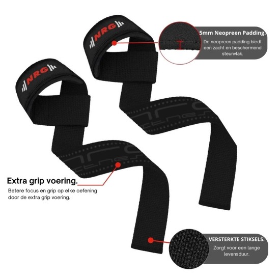 NRG Fitness Deadlift Straps - Zwart - Extra Grip Verlies nooit meer je grip tijdens zware lifts met de NRG Fitness Lifting Straps. Comfortabel, duurzaam en ontworpen voor optimale prestaties.