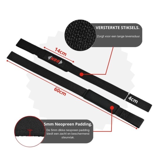 NRG Fitness Deadlift Straps - Zwart - Extra Grip Verlies nooit meer je grip tijdens zware lifts met de NRG Fitness Lifting Straps. Comfortabel, duurzaam en ontworpen voor optimale prestaties.