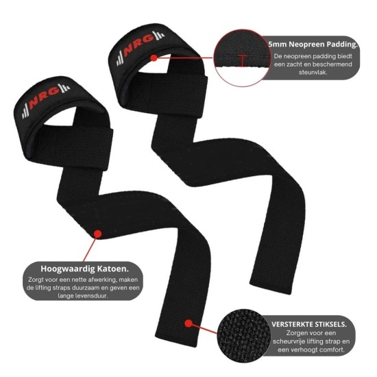 NRG Fitness Deadlift Straps - Zwart - Extra Grip Verlies nooit meer je grip tijdens zware lifts met de NRG Fitness Lifting Straps. Comfortabel, duurzaam en ontworpen voor optimale prestaties.
