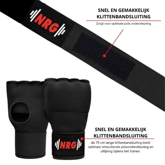 NRG fitness Gel binnenhandschoenen 75 cm bandage De NRG fitness Gel binnenhandschoenen bieden comfort en bescherming tijdens contactsporten met een extra lange bandage voor optimale ondersteuning.