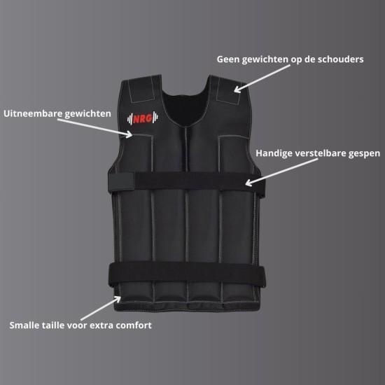 NRG Gewichtsvest 18 kg - Verstelbaar & Comfortabel voor Training Versterk je training met het NRG gewichtsvest van 18 kg. Verstelbaar, vochtafstotend en met uitneembare gewichten voor optimale trainingseffectiviteit.