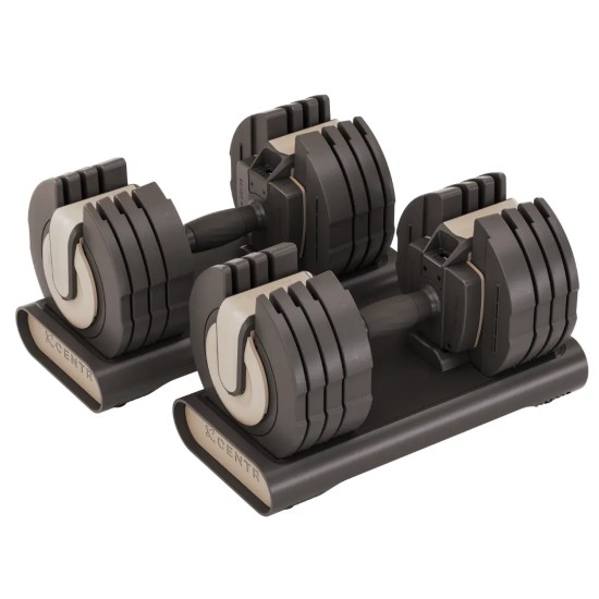 Centr Smart Stack 50 verstelbare dumbbells - 2.3 tot 22.5 kg Verstelbare dumbbells van Centr, variërend van 2.3 kg tot 22.5 kg met digitale coaching en ergonomisch ontwerp voor thuistraining.