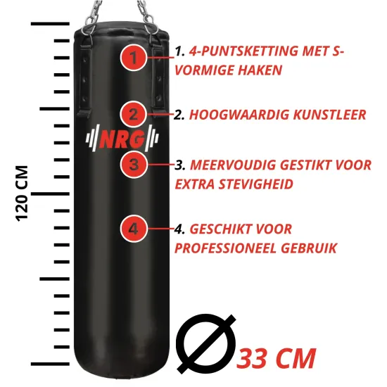 NRG Boxing F9B Bokszak Kunstleer 120cm 150cm Hoogwaardig NRG Boxing F9B bokszak van kunstleer, geschikt voor professioneel gebruik in kickboksen, boksen en thaiboksen. Verkrijgbaar in 120 cm en 150 cm.