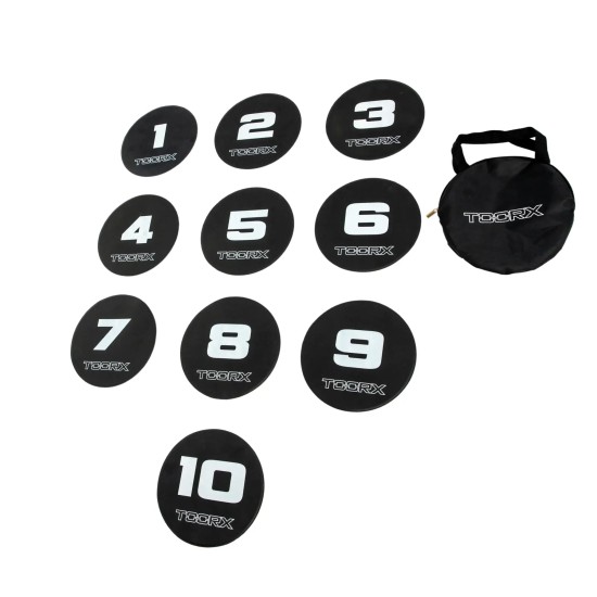 Toorx Agility Dots 10 Stuks met Antislip en Draagtas Verbeter wendbaarheid en snelheid met Toorx agility dots. 10 genummerde dots met antislipontwerp en draagtas voor optimale training.