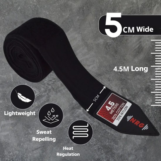 NRG Boks Bandages 4,5 Meter - Extra Dikke Bescherming NRG Boks Bandages van 4,5 meter bieden superieure bescherming en comfort tijdens intensieve trainingen. Ideaal voor elke serieuze sporter.