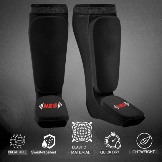 NRG SI MMA Scheenbeschermers met Supremo-Shock Foam™ en Carbon fiber fabric Optimaliseer je bescherming met de NRG SI MMA Scheenbeschermers. Ideaal voor MMA, kickboksen en thaiboksen, met geweldige schokabsorptie en ademend vermogen.