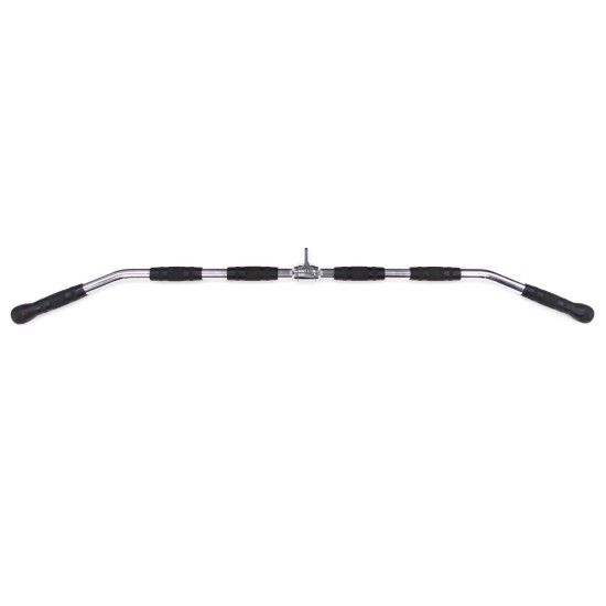 Massief chromen lat pulldown bar van 122 cm met 6 grepen en roteerbare aansluiting voor optimale bewegingsuitslag.