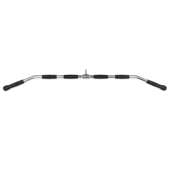 Massief chromen lat pulldown bar van 122 cm met 6 grepen en roteerbare aansluiting voor optimale bewegingsuitslag.