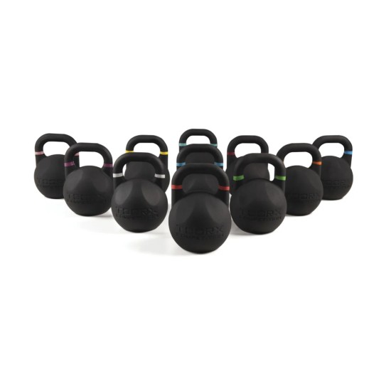 Toorx Competition kettlebells van hoogwaardig staal, geschikt voor internationale wedstrijden, met diverse gewichten van 8 tot 36 kg.