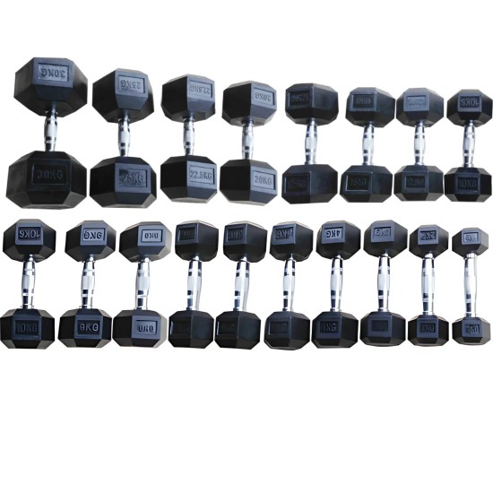 Professionele rubberen hexagonale dumbbell met ergonomisch handvat, ideaal voor commercieel gebruik.