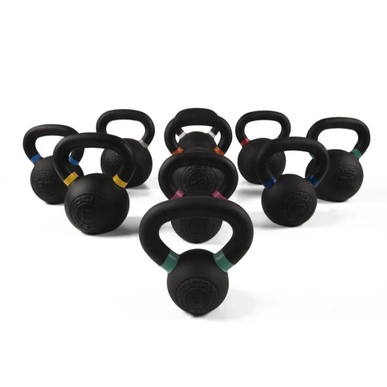 Toorx Kettlebell van gietijzer, verkrijgbaar van 4 kg tot 40 kg, met kleurindicatie en mat zwarte afwerking voor optimale grip.