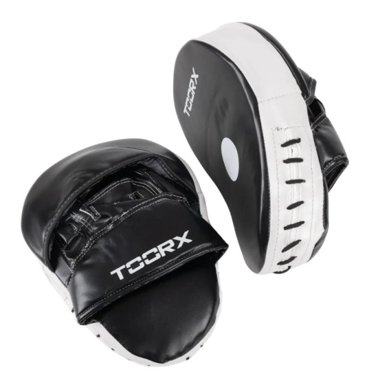 Toorx Hand Pads - Kunstleer, Zwart met Witte Randen, Antishock Ontdek de Toorx BOT-038 Hand Pads, gemaakt van hoogwaardig kunstleer, met antishock schuimvulling voor optimale bescherming tijdens bokstraining.