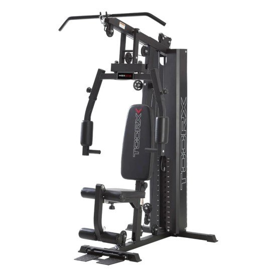 Compacte home gym met 15 oefeningen en 70 kg gewichten voor een full body workout. Ideaal voor thuisgebruik.