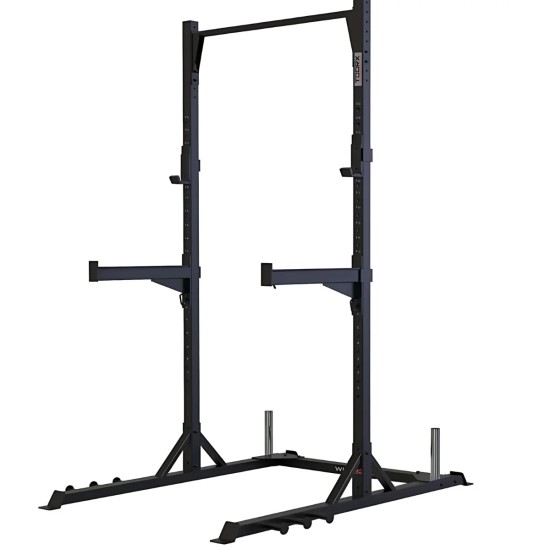 Zware squat stand met verstelbare J-cups en ingebouwde chin-up bar. Maximaal 300 kg, inclusief opbergsysteem voor halterschijven.