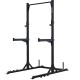 Zware squat stand met verstelbare J-cups en ingebouwde chin-up bar. Maximaal 300 kg, inclusief opbergsysteem voor halterschijven.