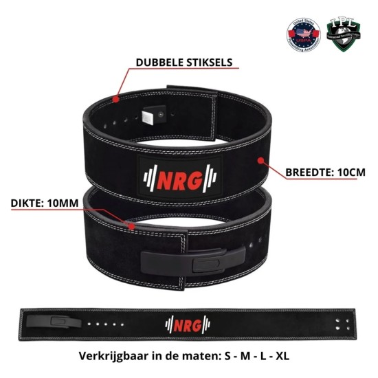 NRG Powerlift Riem 10 cm zwart Optimaliseer je lifts met de NRG Powerlift Riem, 10 cm breed, gemaakt van premium koeienleer, ideaal voor powerlifters en bodybuilders.