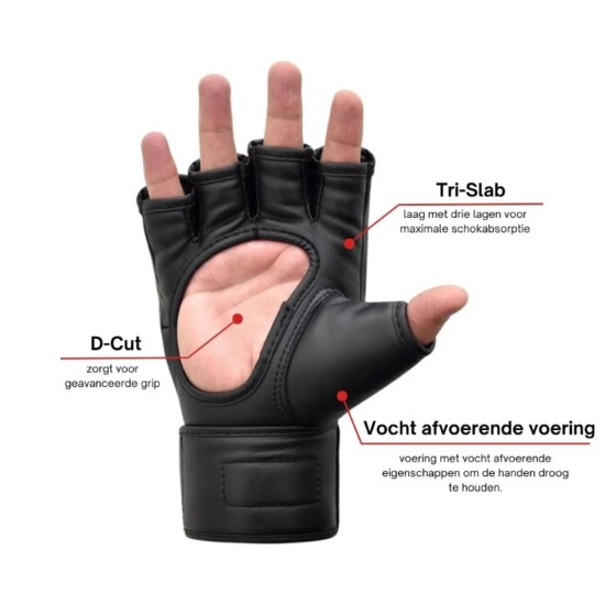 NRG MMA Handschoenen - Schokabsorptie, Grip en Bescherming Voorgevormde NRG MMA handschoenen met uitstekende schokabsorptie en grip. Ideaal voor zware trainingssessies en handbescherming.