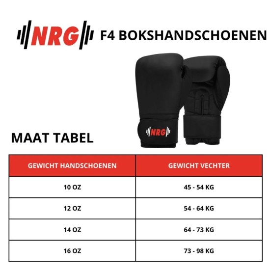 NRG Bokshandschoenen Sparring - Hoogwaardige Bescherming en Comfort Verhoog je boks prestaties met NRG Bokshandschoenen. Voorzien van meerdere lagen demping en Taka-sluitsysteem voor optimale pasvorm en veiligheid.
