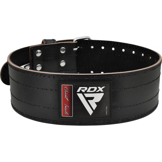 RDX RD1 Powerbelt van koeienleer voor powerlifting RDX RD1 Powerbelt, handgemaakt van 100% koeienleer. Ideaal voor squatten en deadlifting met roestvrijstalen dubbele gesp.