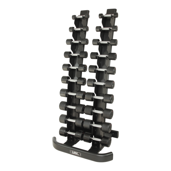 LMX.® Vertical dumbbell rack voor 10 sets, zwart Compact LMX.® vertical dumbbell rack voor 10 sets, met rubberen beschermhouders en zwart poedercoating. Ideaal voor een nette opslag.